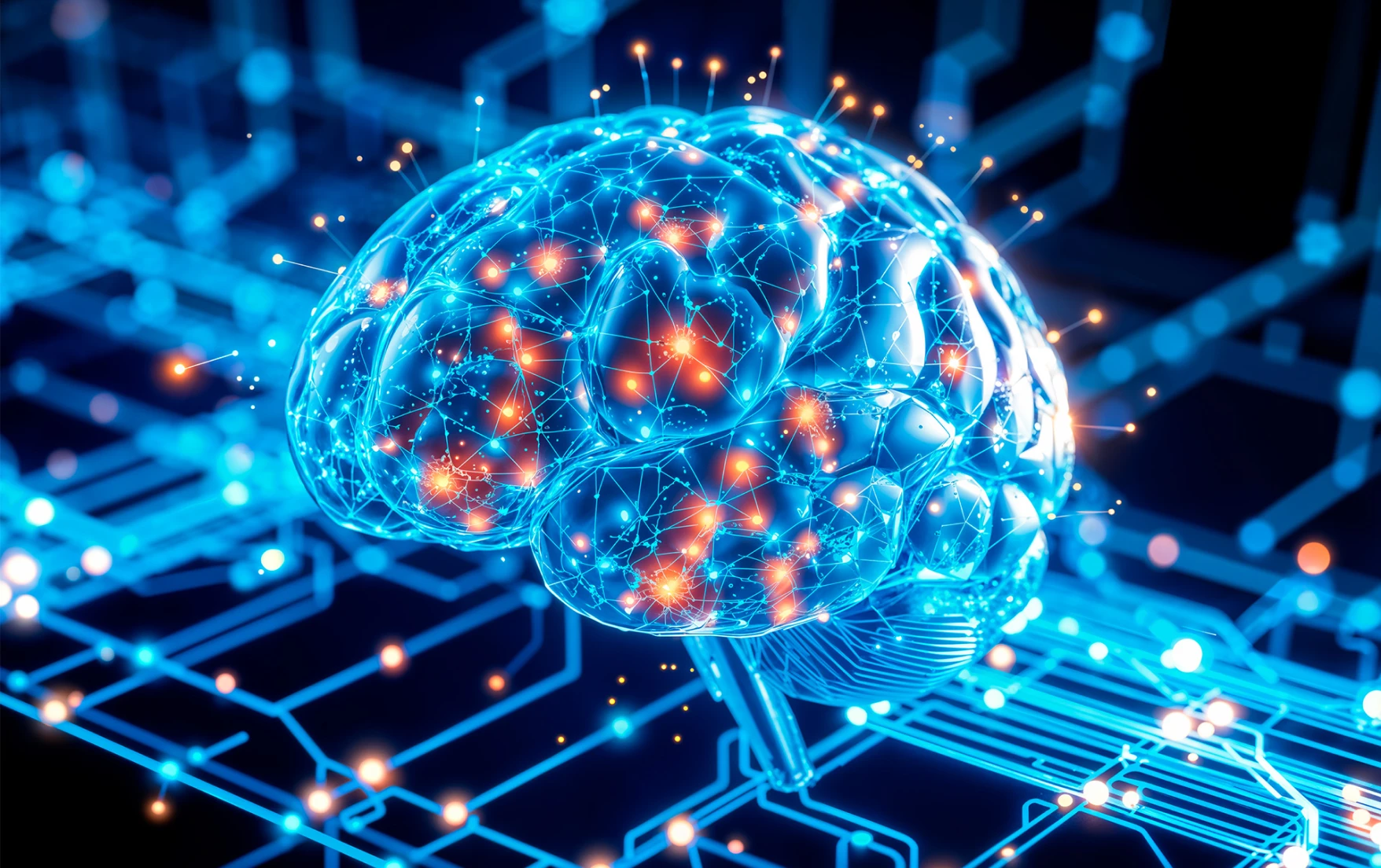 a digital illustration of a glowing blue brain with interconnected neurons over a circuit board.