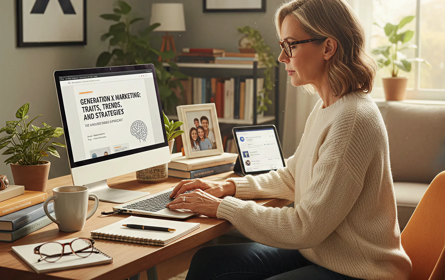 A Gen X woman sits at a home office working on her computer. Image Source: AI-generated