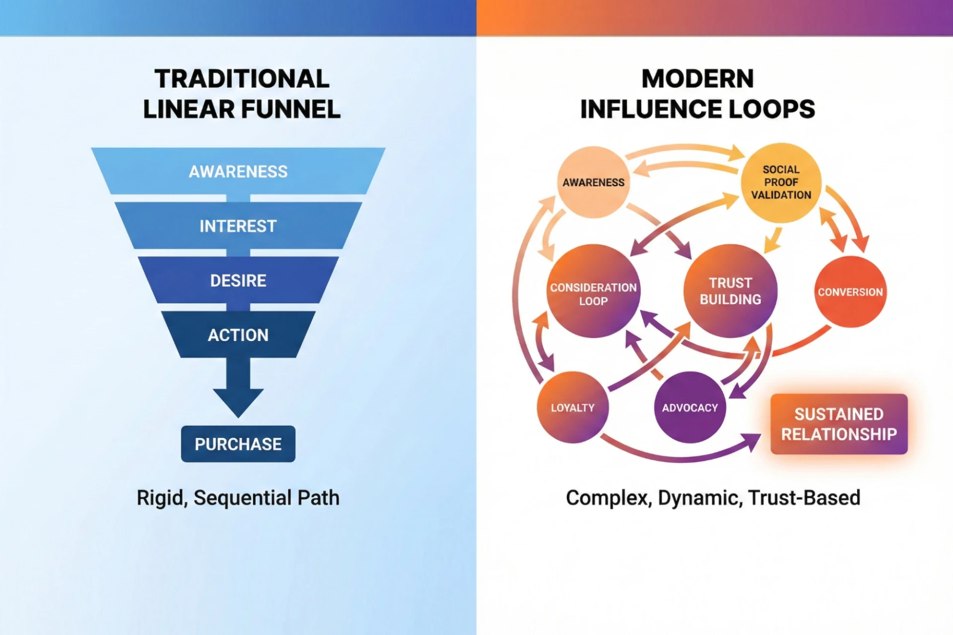 Two diagrams depicting traditional (left) and modern (right) purchase behavior. The diagram on the left resembles a funnel, indicating a simple, linear path from awareness to purchase. The diagram on the right is a series of circles with interconnecting arrows, indicating that purchase behavior has changed to be more fluid and complex.