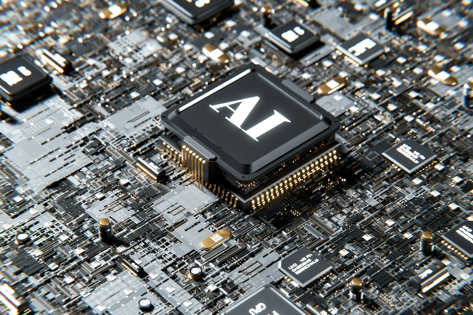 Close-up of a computer circuit board featuring a black clip labeled “AI” in white.