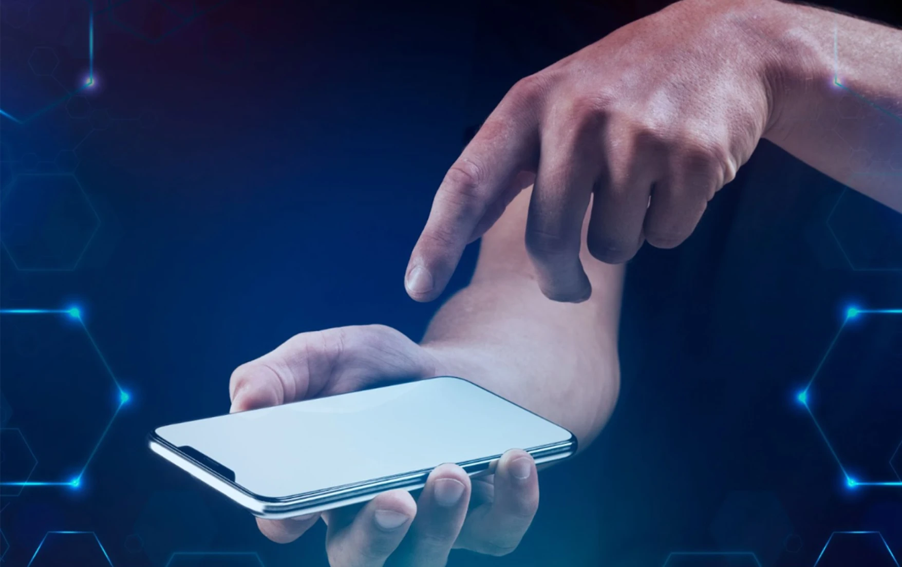 A hand holding a smartphone with another hand poised above, suggesting interaction. The background is dark with a blue, digital, futuristic glow.