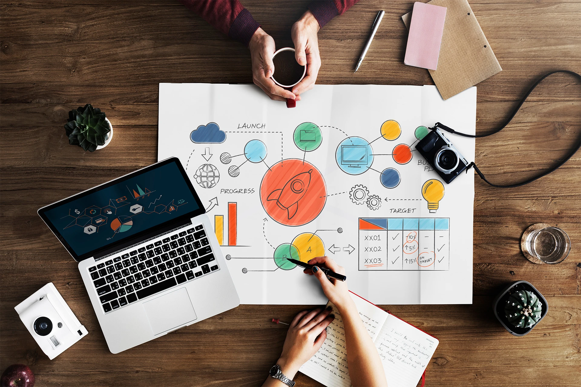 A top-down view of a workspace, with two people brainstorming over a project sketch. A laptop, a camera, and notebooks are on the wooden table.