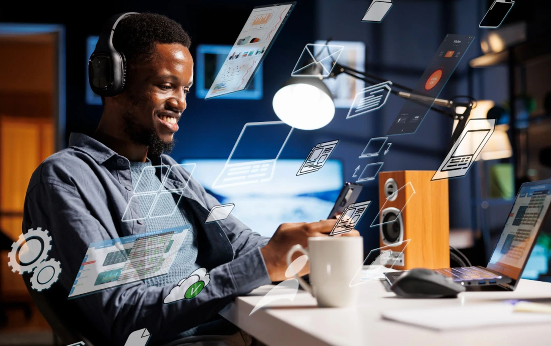 A man wearing headphones at a desk using multiple digital devices, surrounded by floating digital icons.