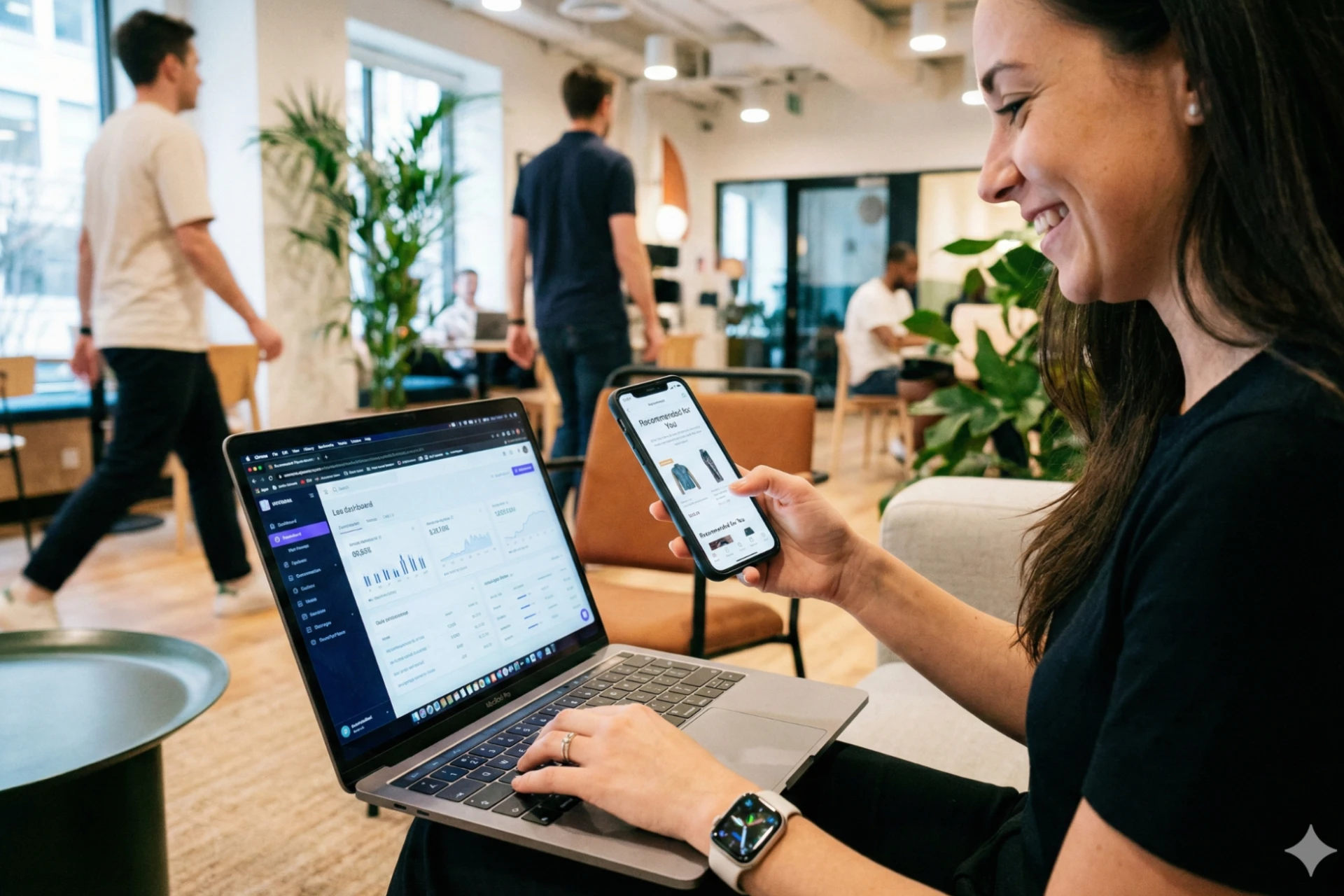 A marketing specialist looking at both a laptop and a phone while at work