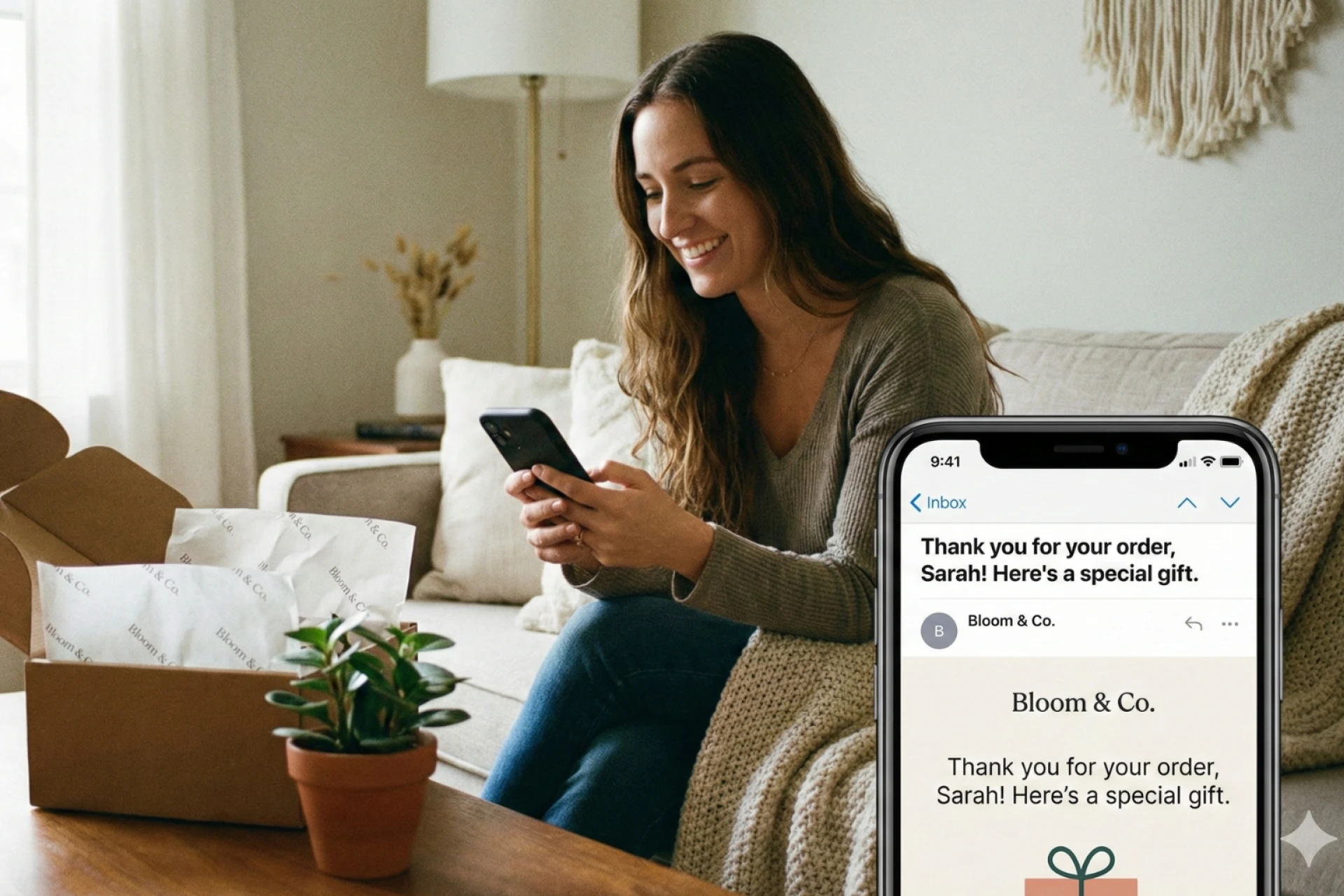 A smiling woman looking at her phone, receiving a thank-you email with a special gift from a brand.