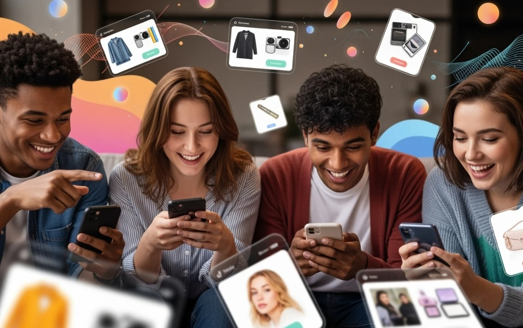 Young people enjoy viewing TikTok Shop on their smartphones, surrounded by product images that match their interests