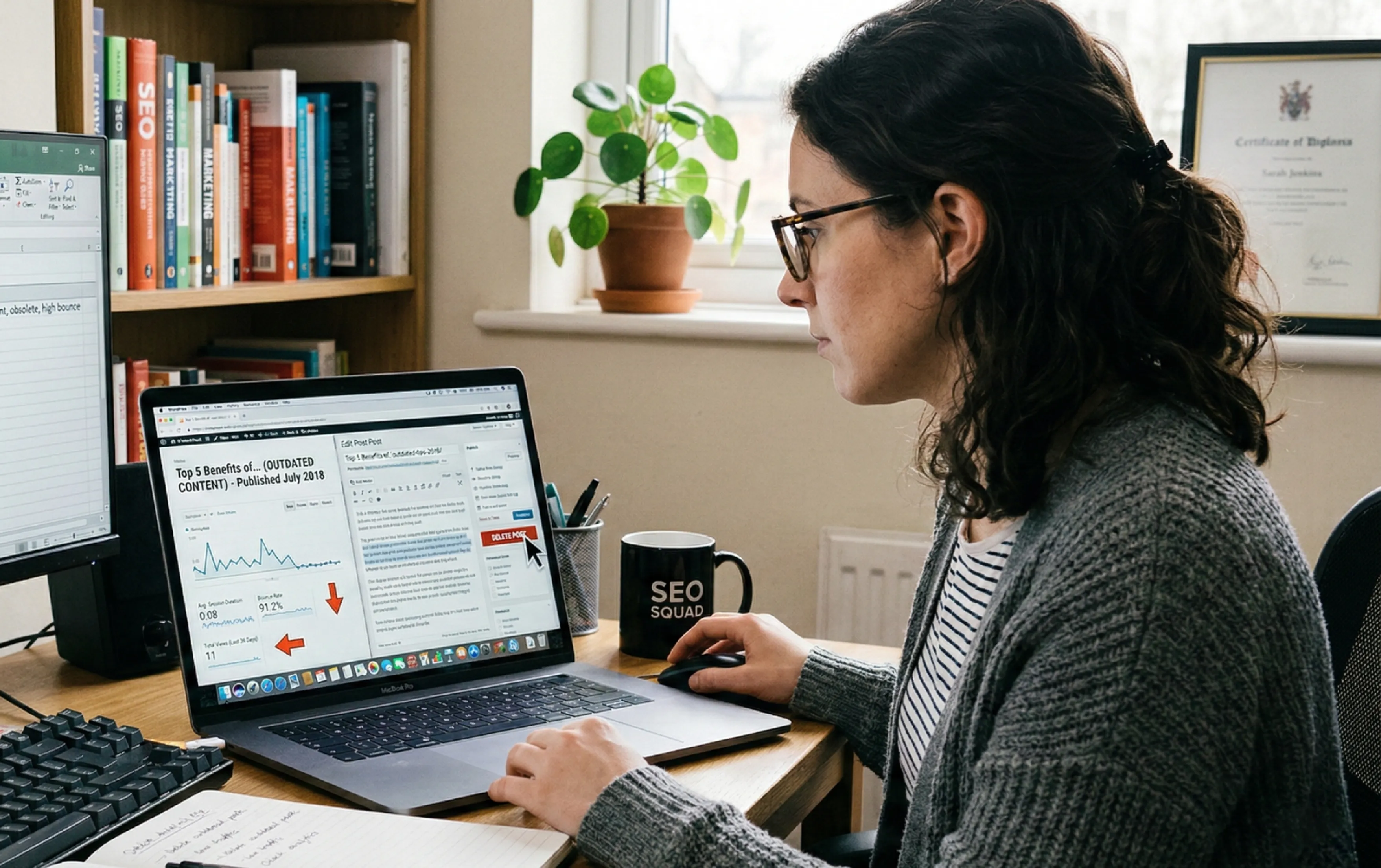 An SEO specialist conducting a content audit, deleting a low-performing blog Image source: AI-generated
