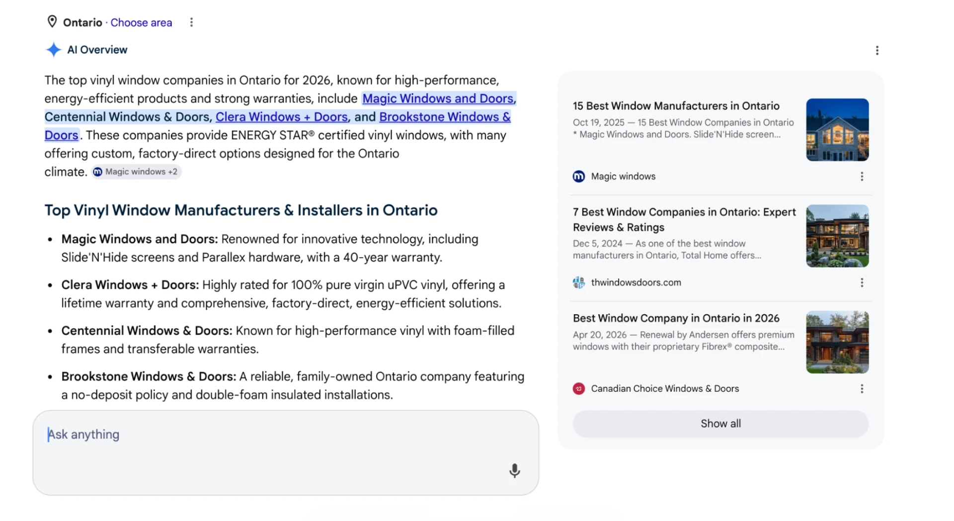 AI Overviews Featuring Clera Windows + Doors For Answer Engine Optimization - The Influence Agency