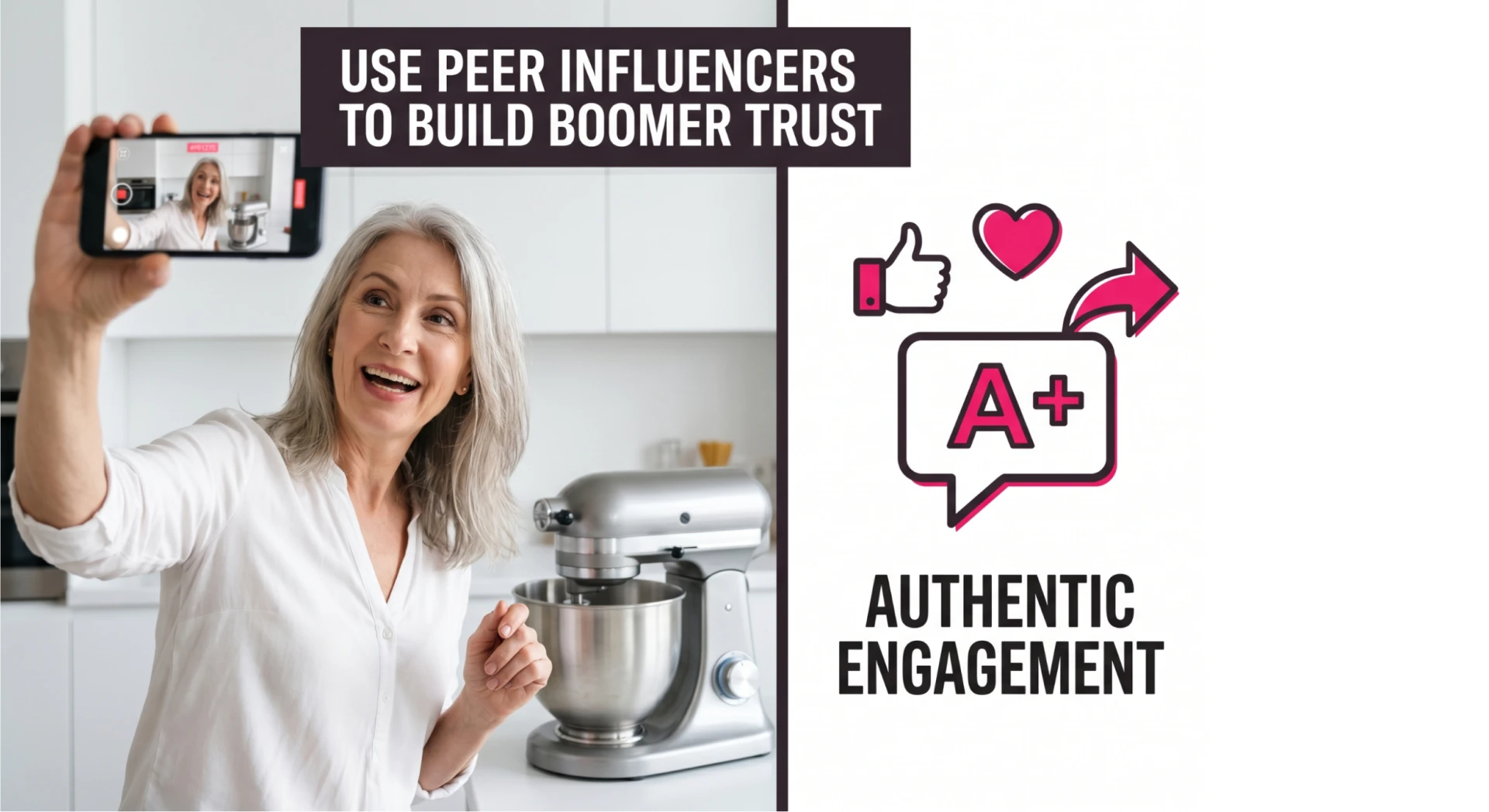 Older woman recording a video on her phone in a kitchen, alongside text about using peer influencers to build trust and drive authentic engagement