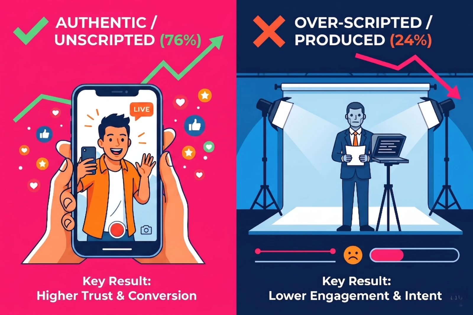 A graphic comparison showing unscripted, raw creator video (76% higher performance) and highly produced, scripted video.