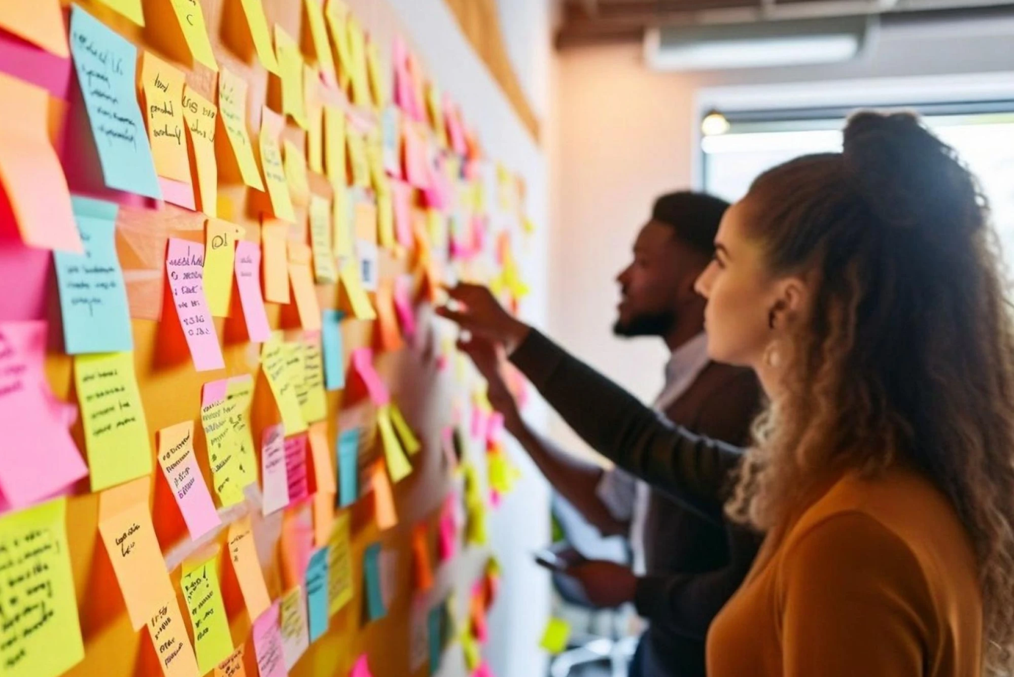 Team brainstorming with colorful sticky notes on a planning wall