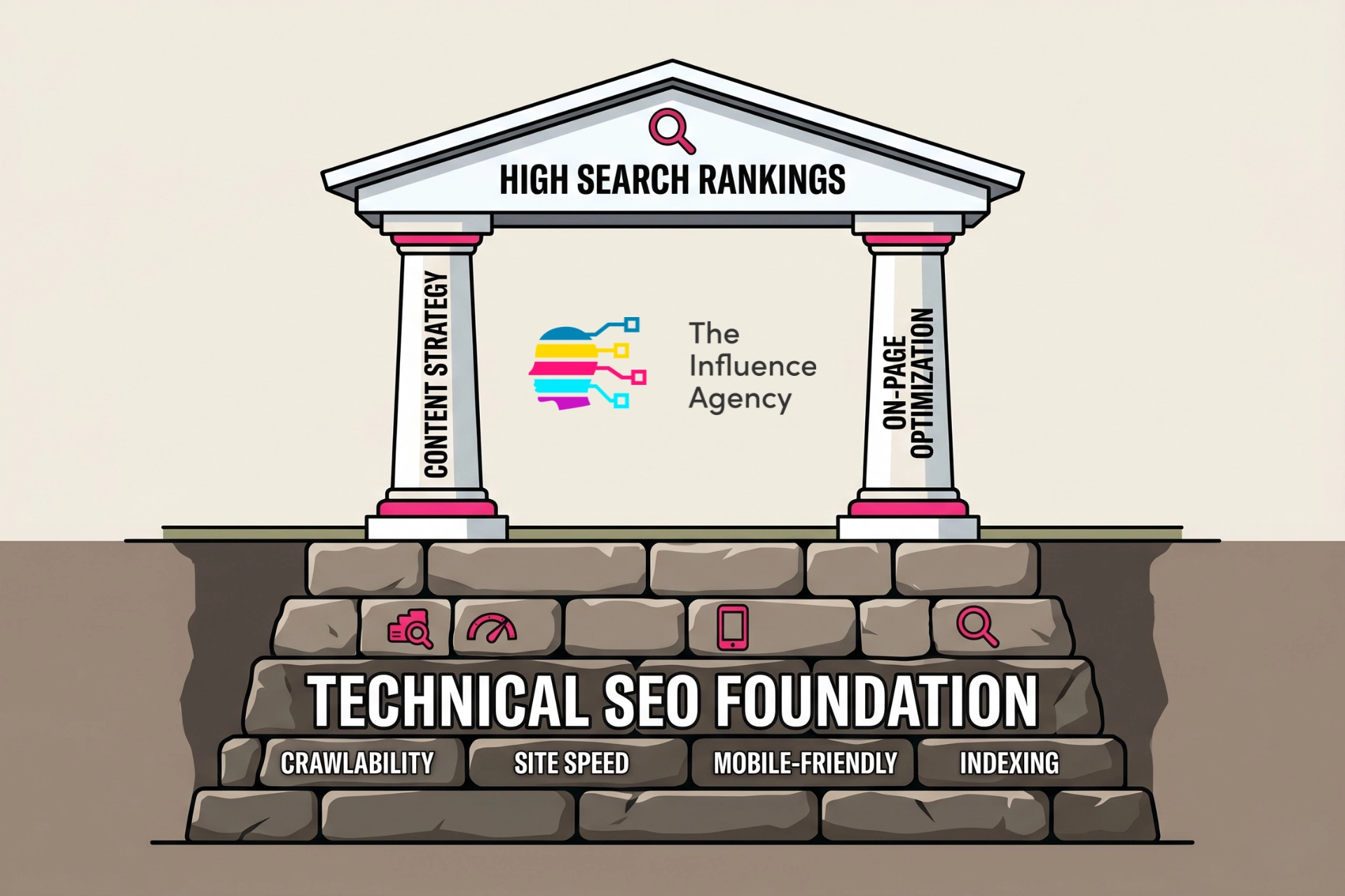 Diagram illustrating Technical SEO as the subterranean, structural foundation supporting content strategy and search rankings
