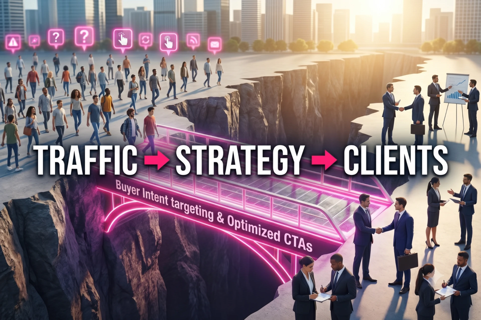 Conceptual bridge connecting traffic and clients. On one side, people walk casually; they move across the glowing "strategy" bridge to the other side, where they shake hands and sign documents