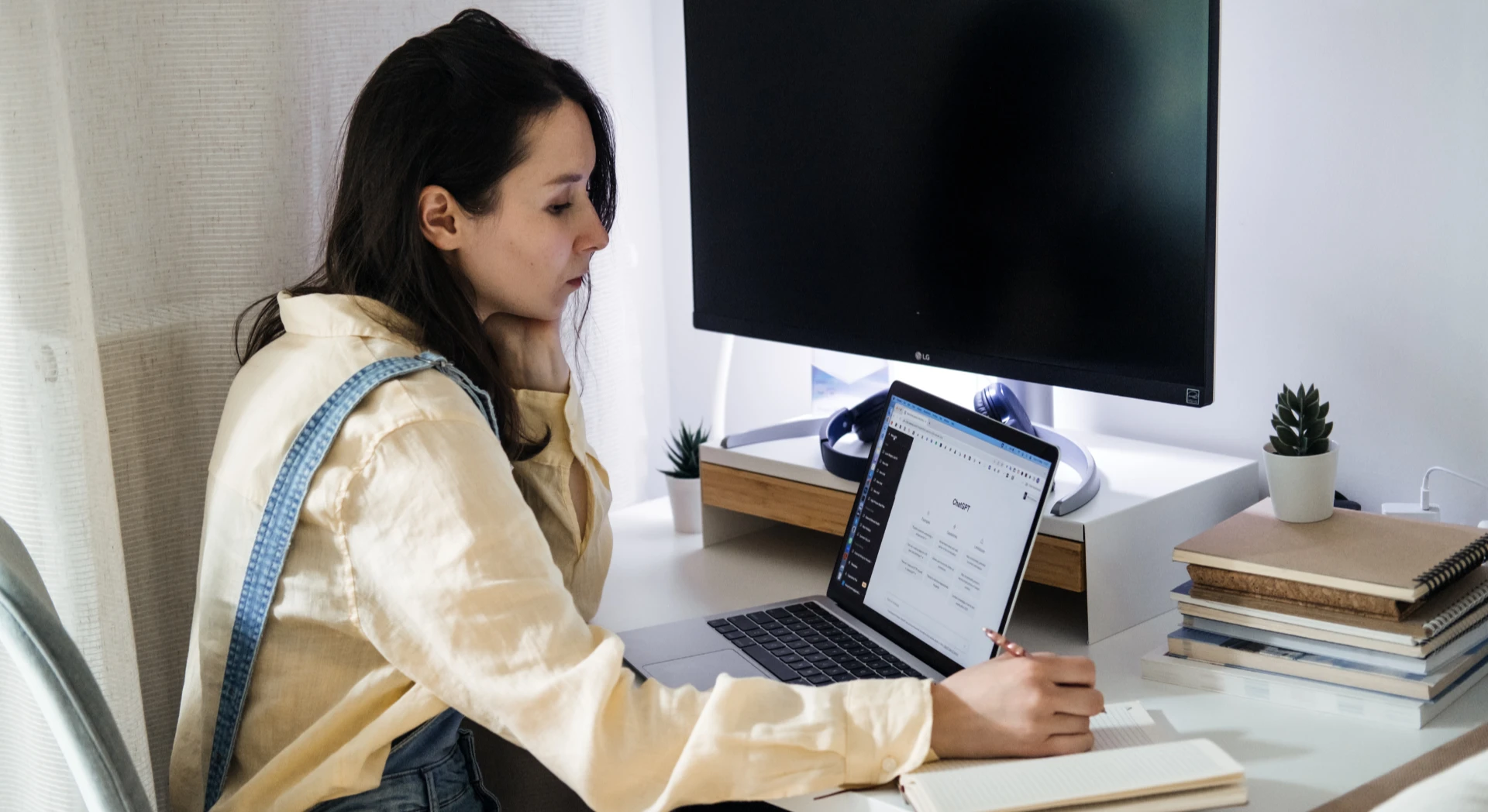 A marketer using ChatGPT to strategize for GEO while writing in a notebook
