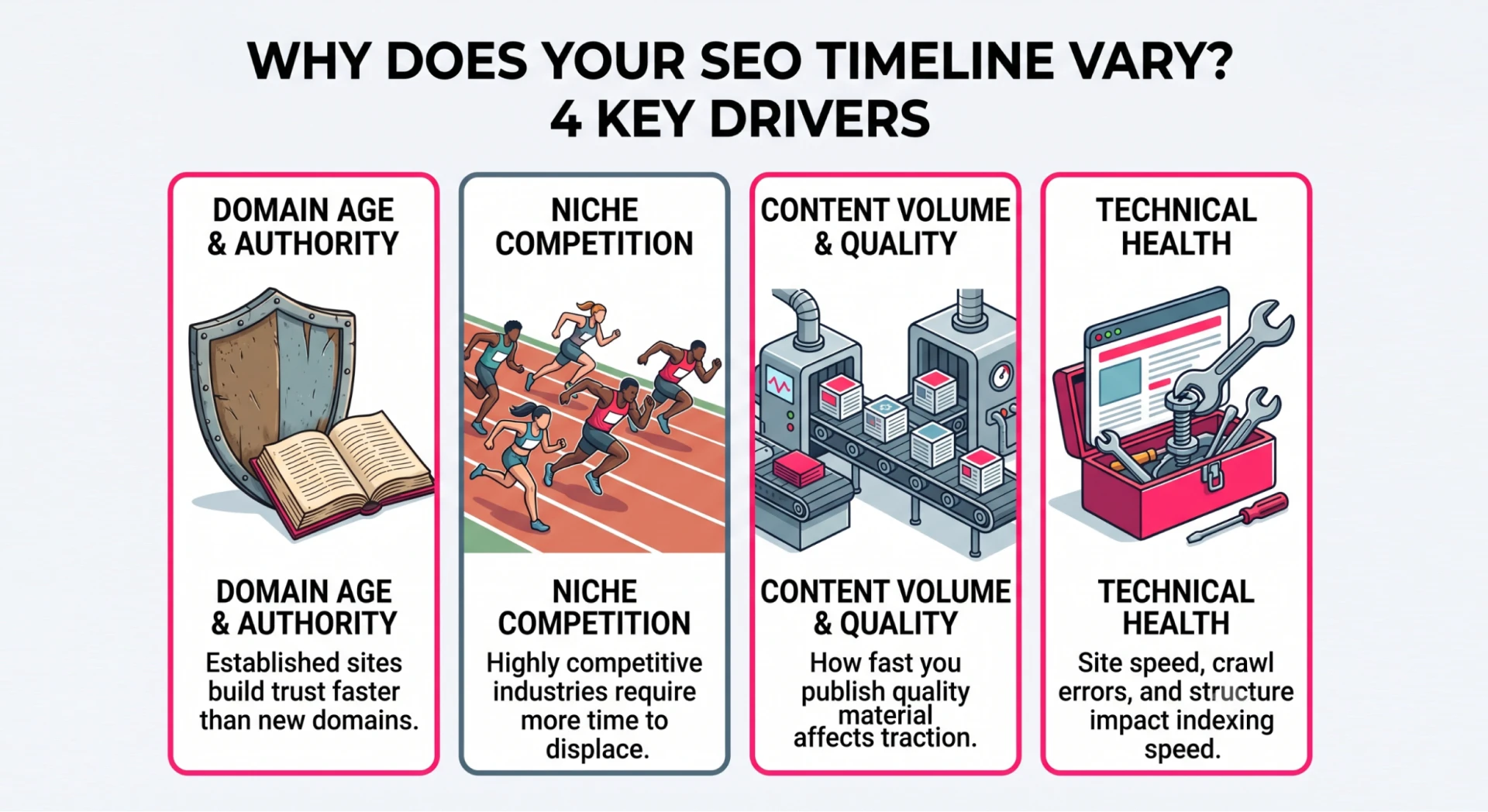 An infographic listing the four main factors determining how long SEO takes to work.