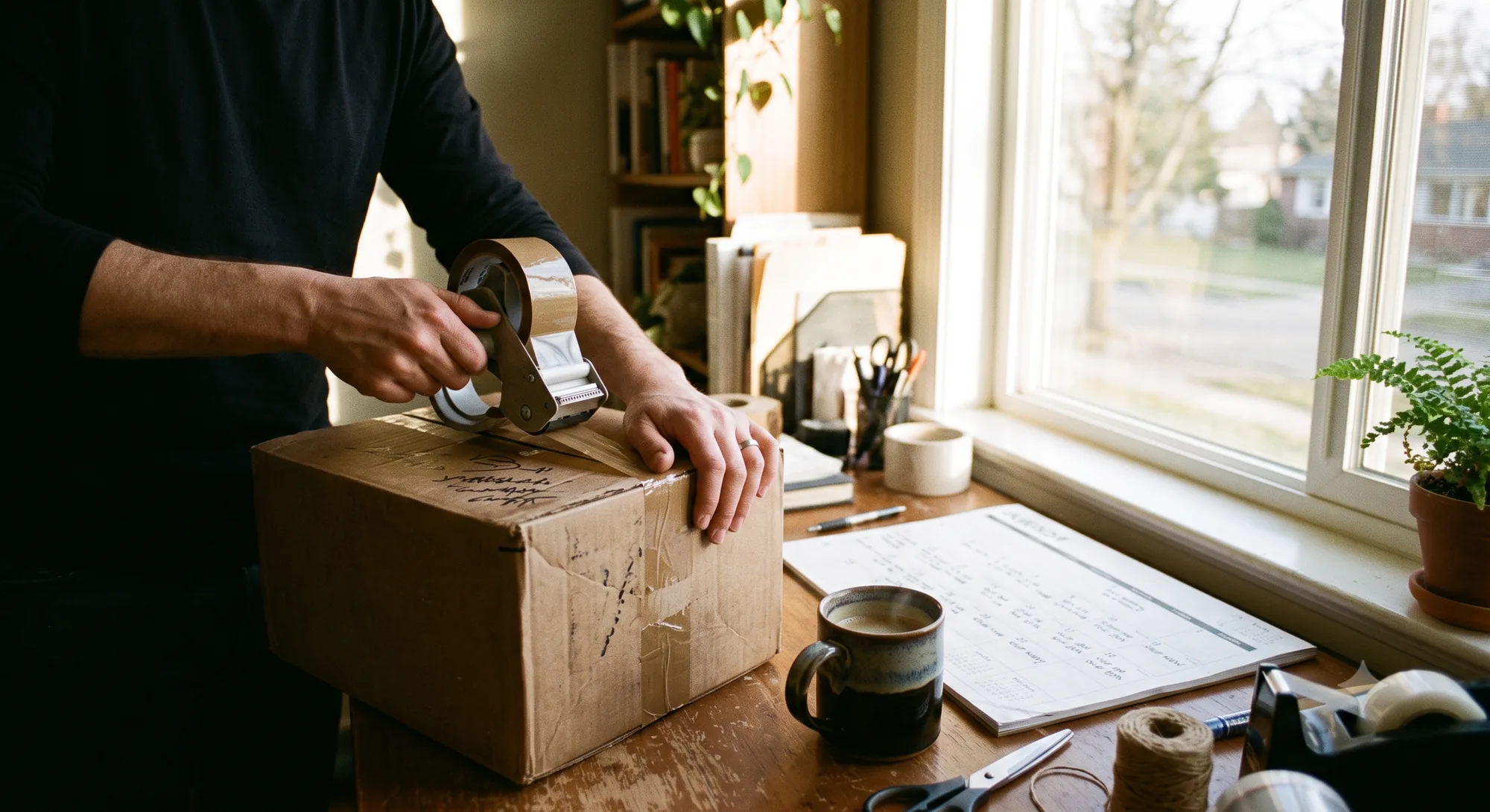 Person taping a shipping box closed at a sunlit desk next to a printed calendar and coffee mug, representing ecommerce campaign timing planning.