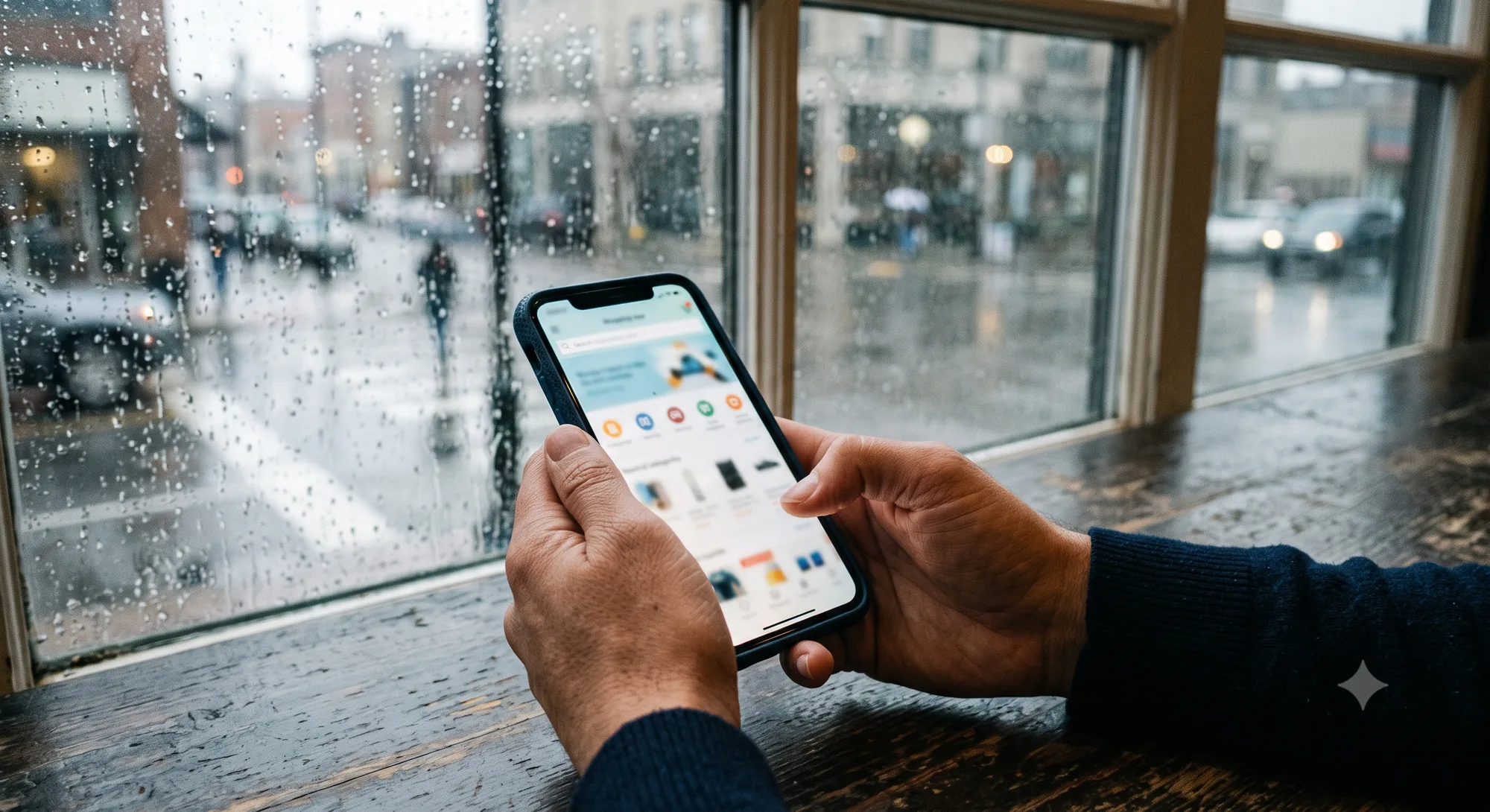 Close-up of hands holding a phone with a shopping app open against a rain-streaked window overlooking a city street, illustrating how weather affects ecommerce shopping behavior.
