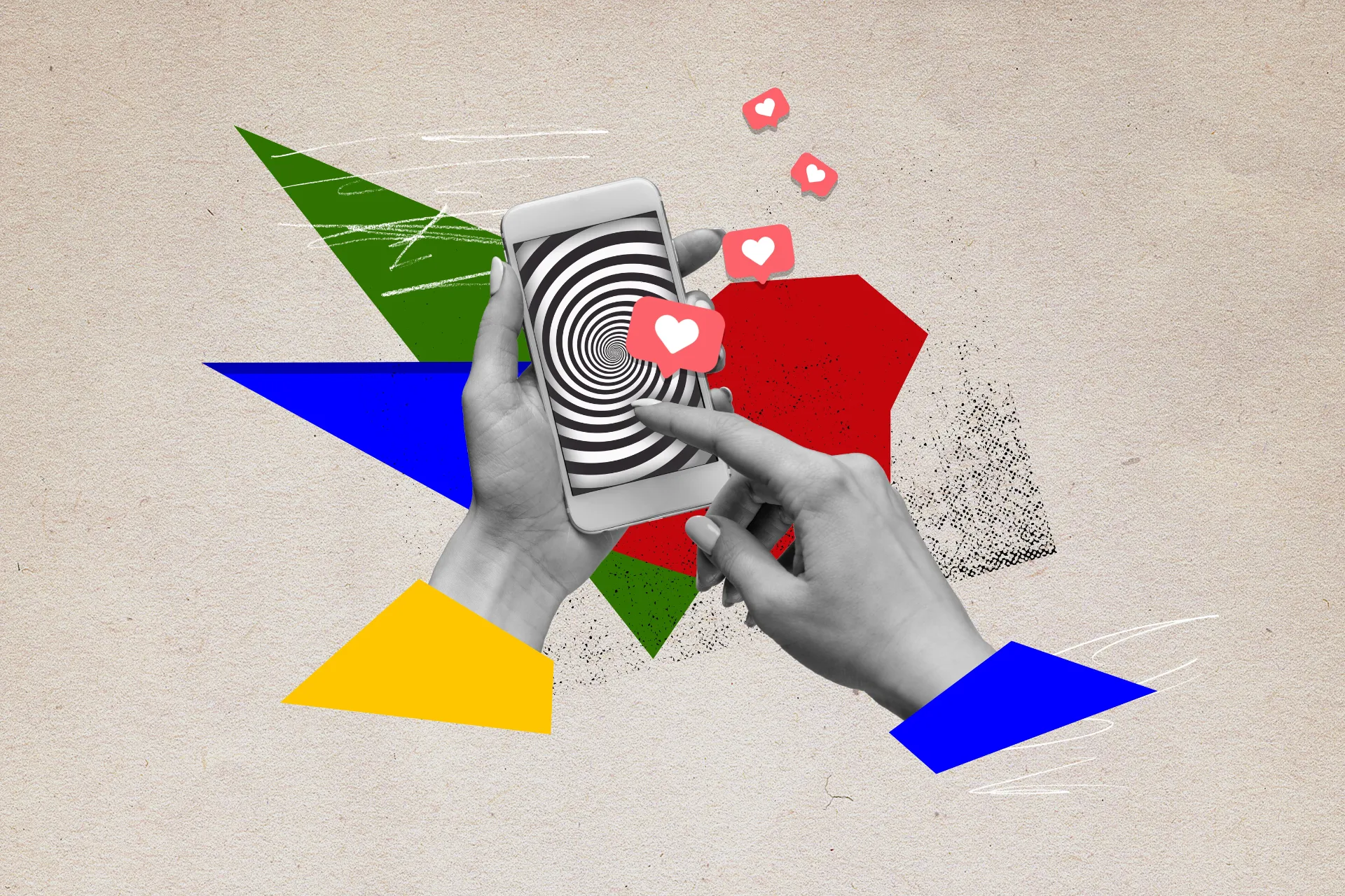 Human hands holding mobile phone with a hypnotic screen