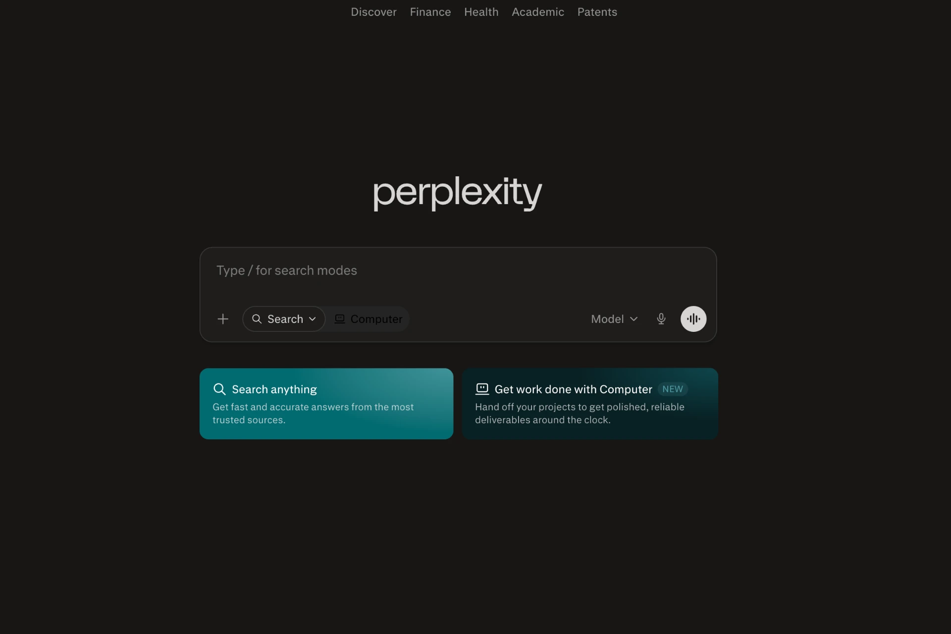 Screenshot of Perplexity AI search interface with a blank search bar. 