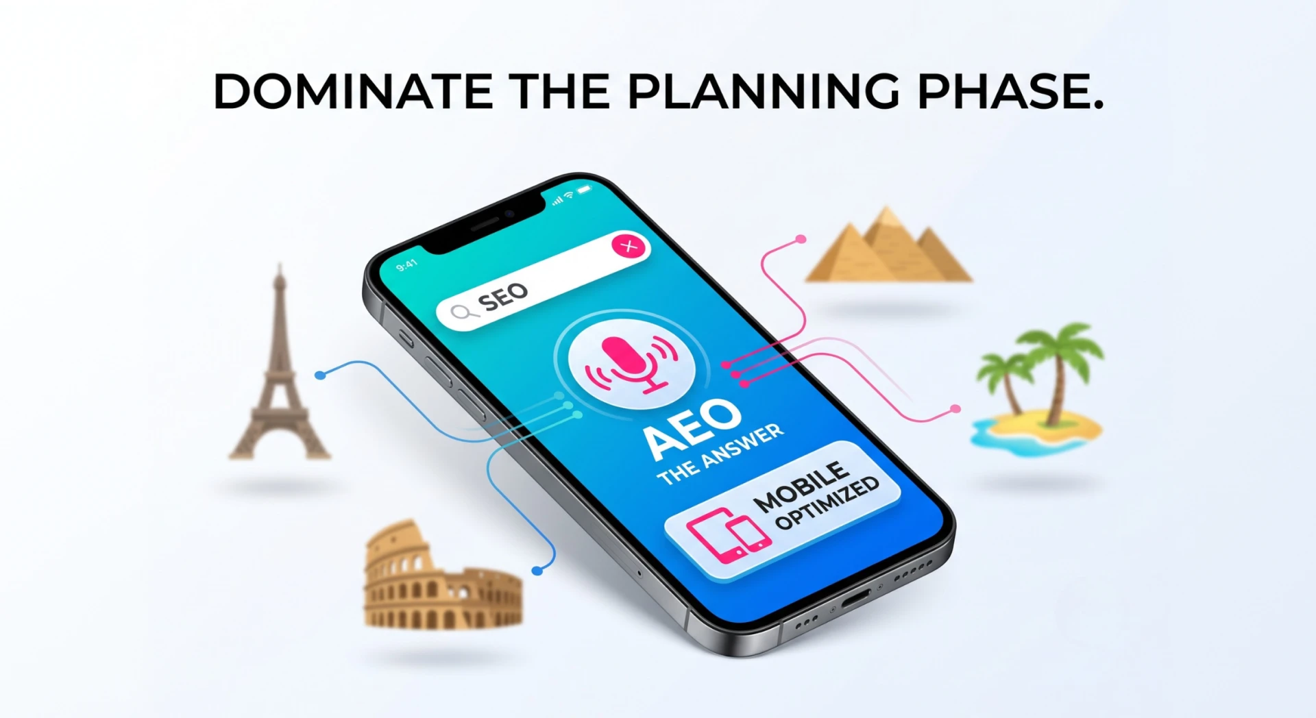 Modern stylized phone illustrating search engine optimization, answer engine optimization, and mobile responsive design for travel planning
