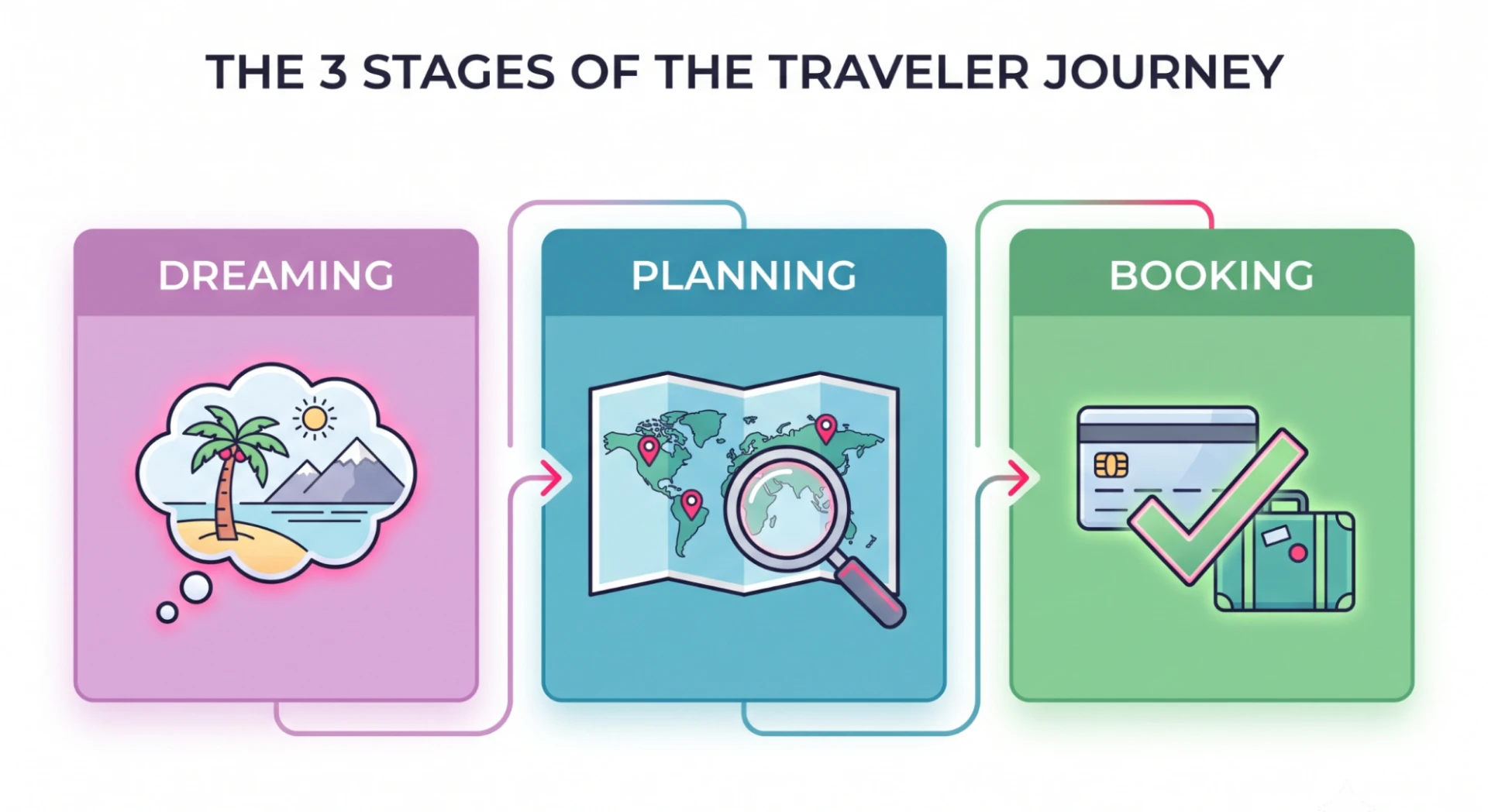 Infographic flow chart showing the three distinct phases of the traveler journey: Dreaming, Planning, and Booking