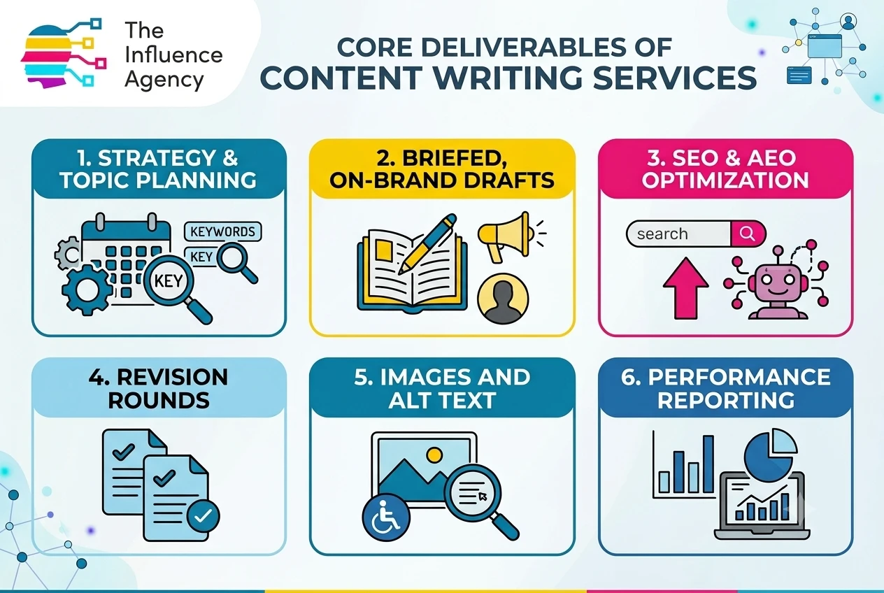 Infographic illustrating the six core deliverables of content writing services.