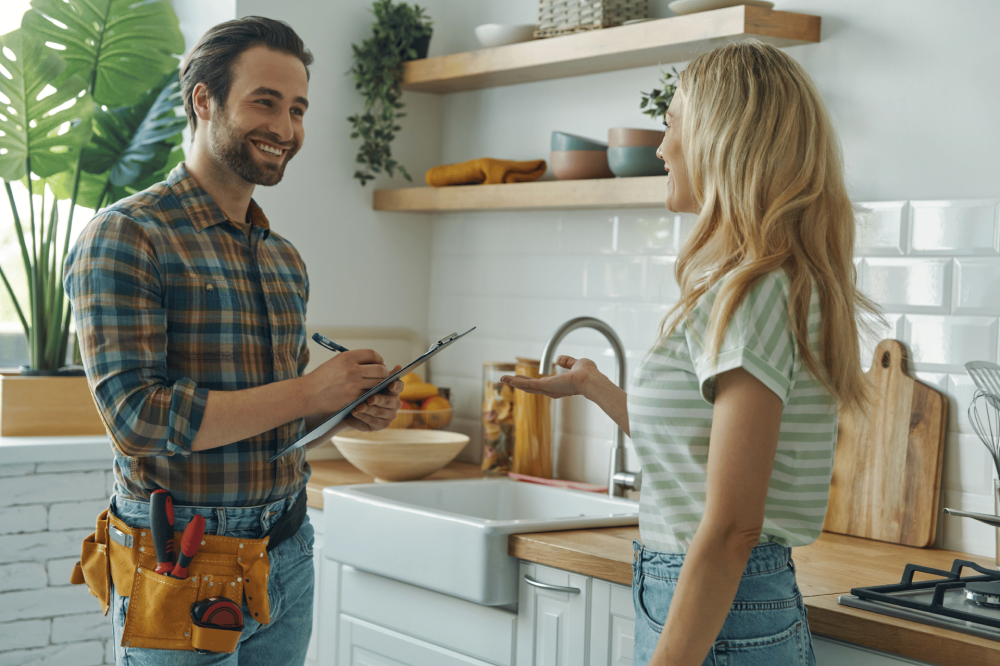 Plumber talking with a homeowner in the kitchen