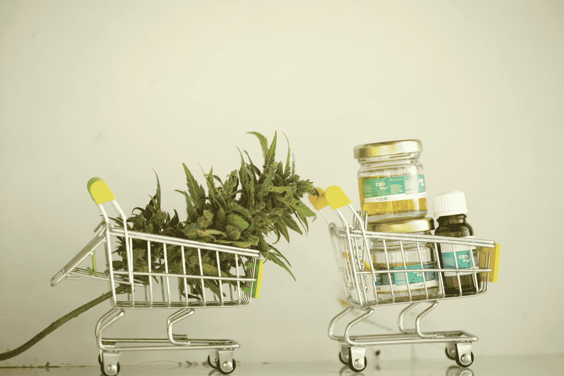 Cannabis flower and cannabis products in tiny shopping carts, representing selling cannabis online