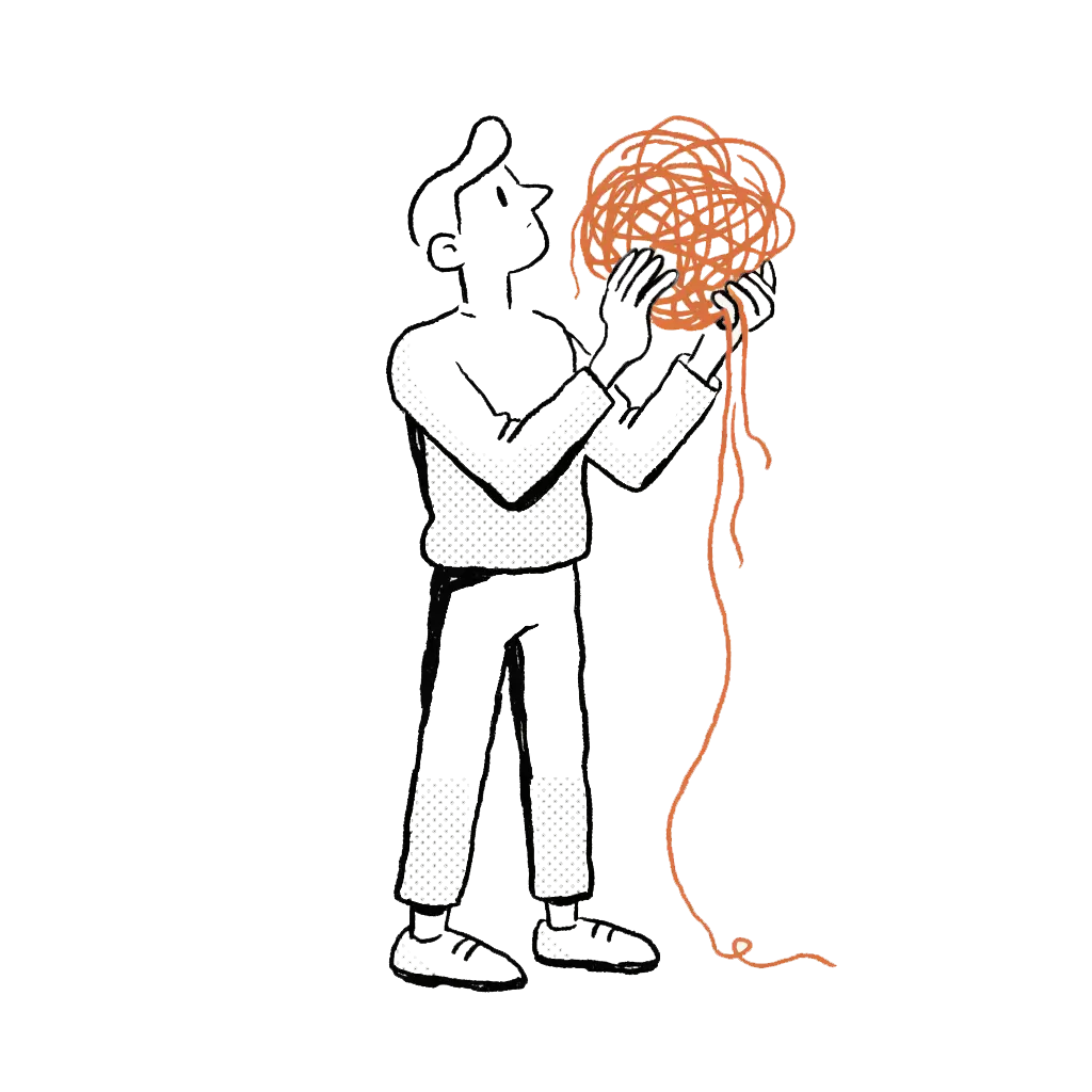 Line illustration of a person untangling a messy ball of orange string into a single thread, representing Alister bringing order to brand chaos