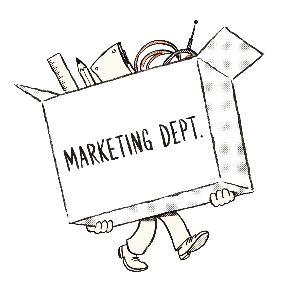 Line illustration of a person carrying a box labelled Marketing Dept. full of creative tools, representing Alister as an outsourced marketing department