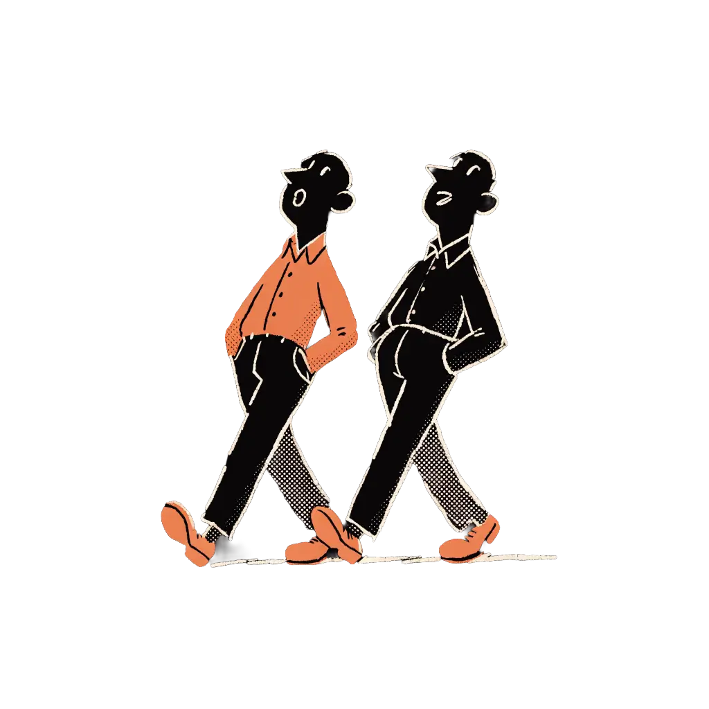 Line illustration of two people handing over a steering wheel with an orange centre, representing a client's team taking the wheel after Alister builds the foundation