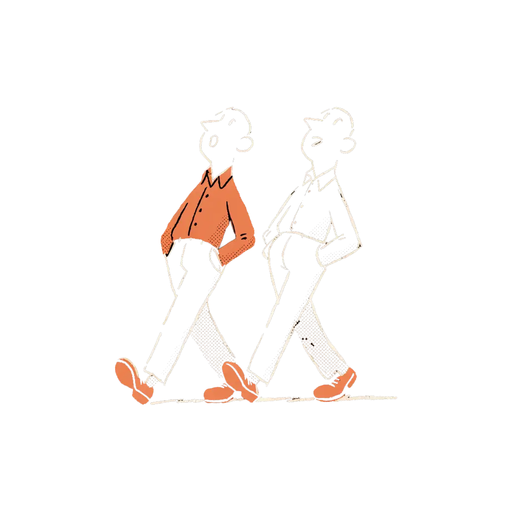Stylized illustration of two figures walking in stride, representing Alister as a brand's creative partner