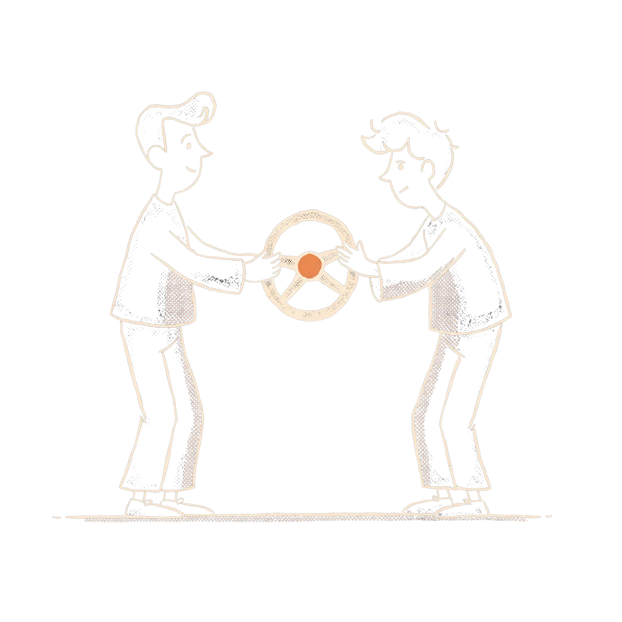 Line illustration of two figures working together to mount a large panel, representing Alister building a brand alongside its team