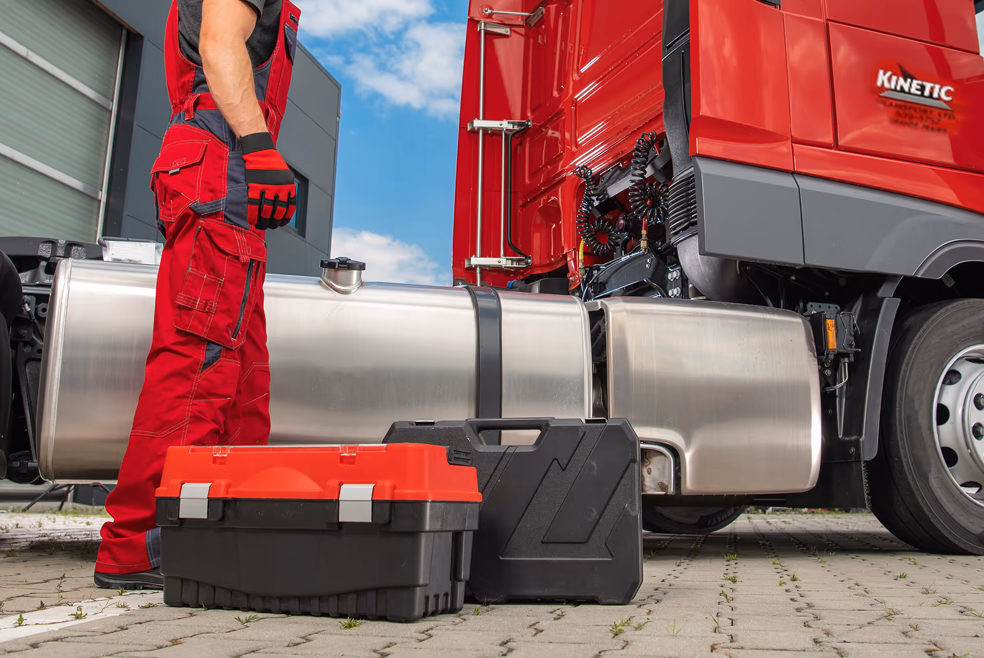 Technician in red workwear standing near red truck and tool cases