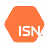 ISN logo with white letters on a bright orange hexagonal background