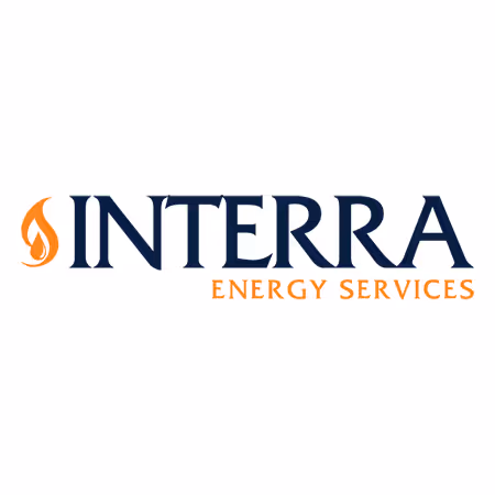 Interra Energy Services logo with flame icon in orange and blue text