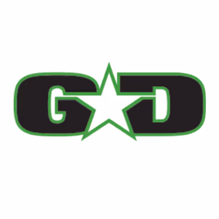 A green and black logo with a star