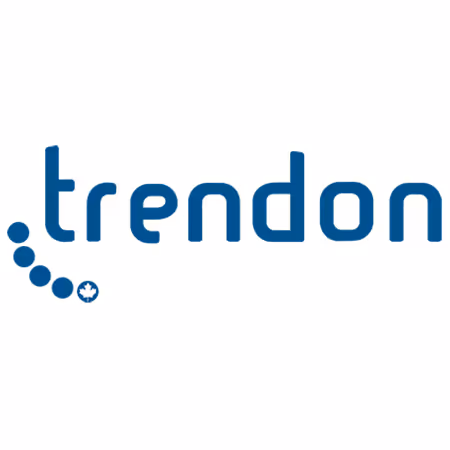 A blue and white logo with the word trend on it