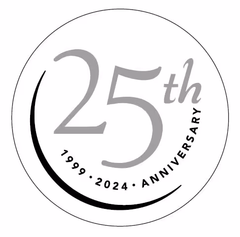 25th anniversary logo with years 1999-2024 in grayscale design