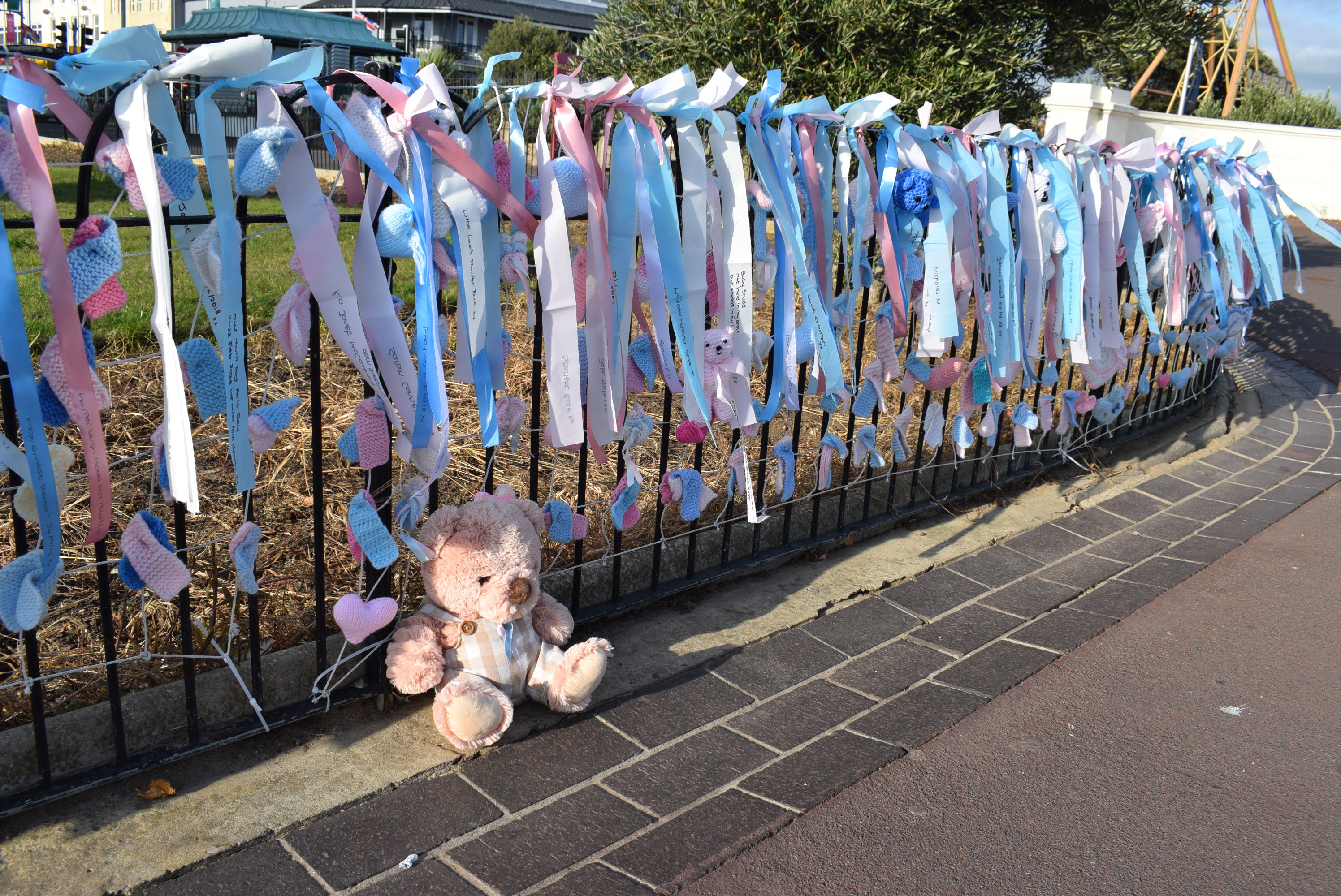 Blue and pink ribbons tied to railings in front of a garden with a teddy bear sat on the floor