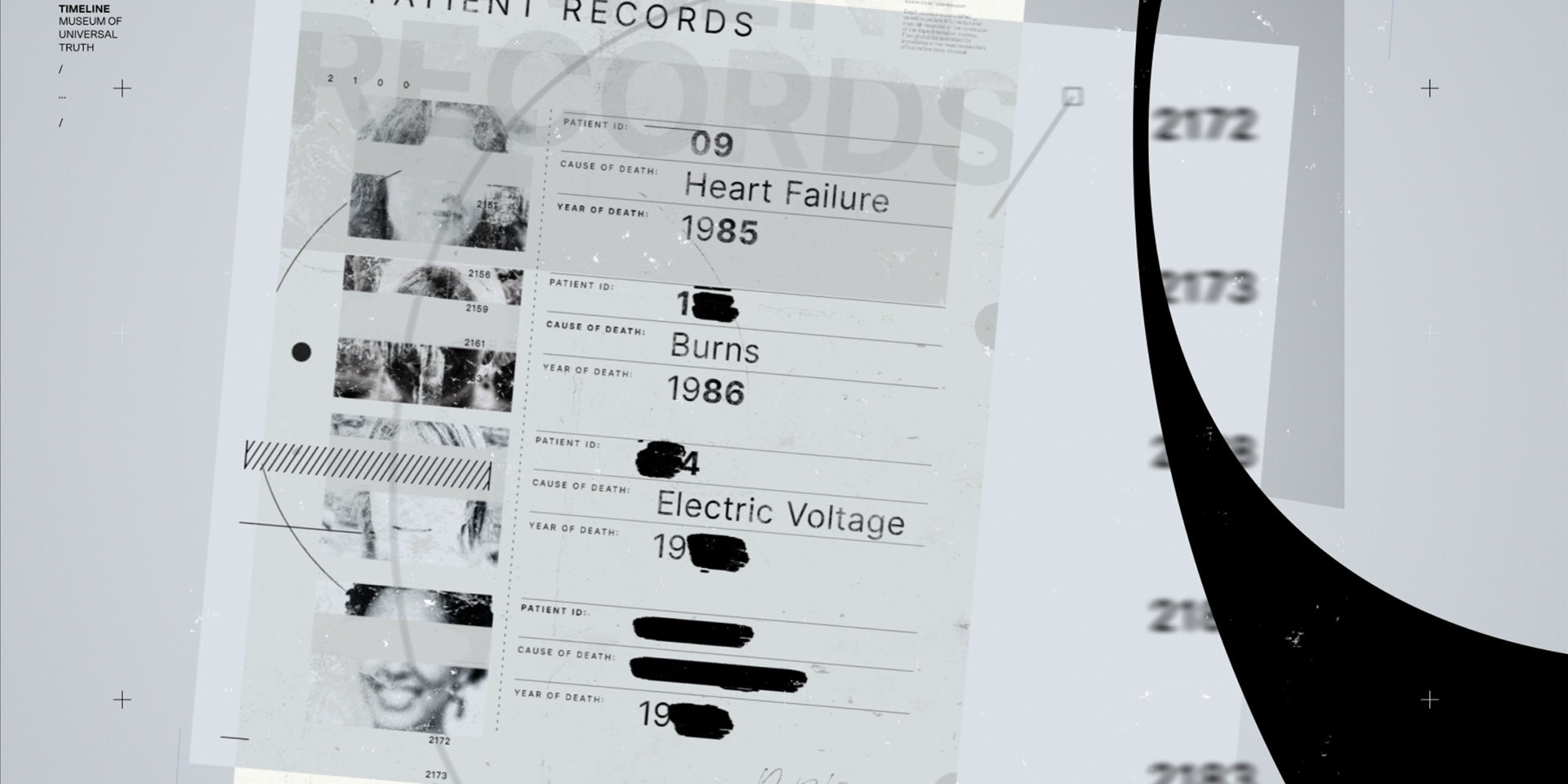 Graphic design from the identity of Shattered VR. A document from a secret facility displaying the deceased victims of medical trials.