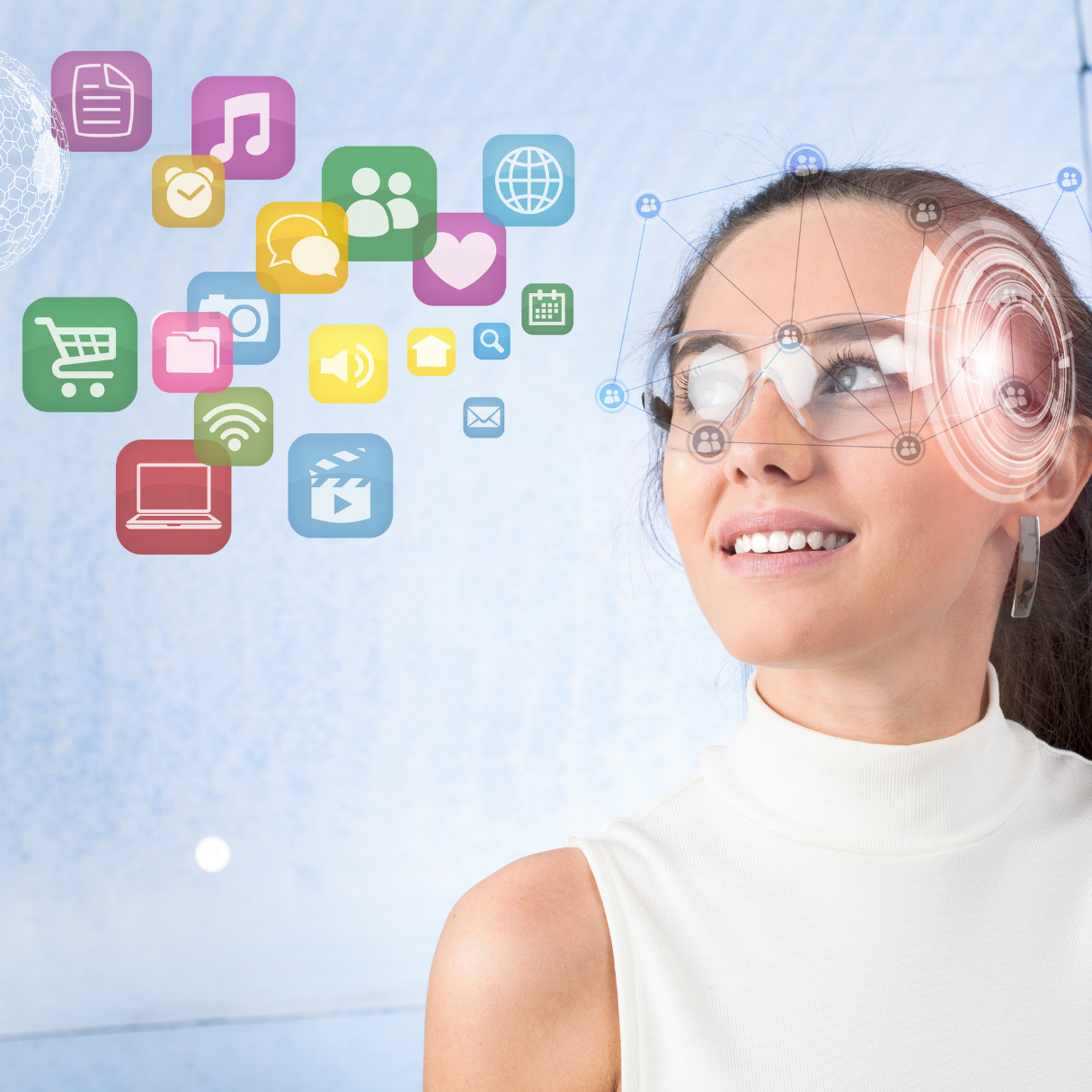 Woman wearing transparent glasses with a digital overlay of multiple uses of smartglasses like music, calling, searches, messages, etc