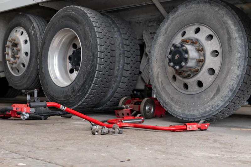 Roadside tire service for a heavy-duty truck with dual wheels lifted and tire replacement tools prepared for emergency roadside repair.