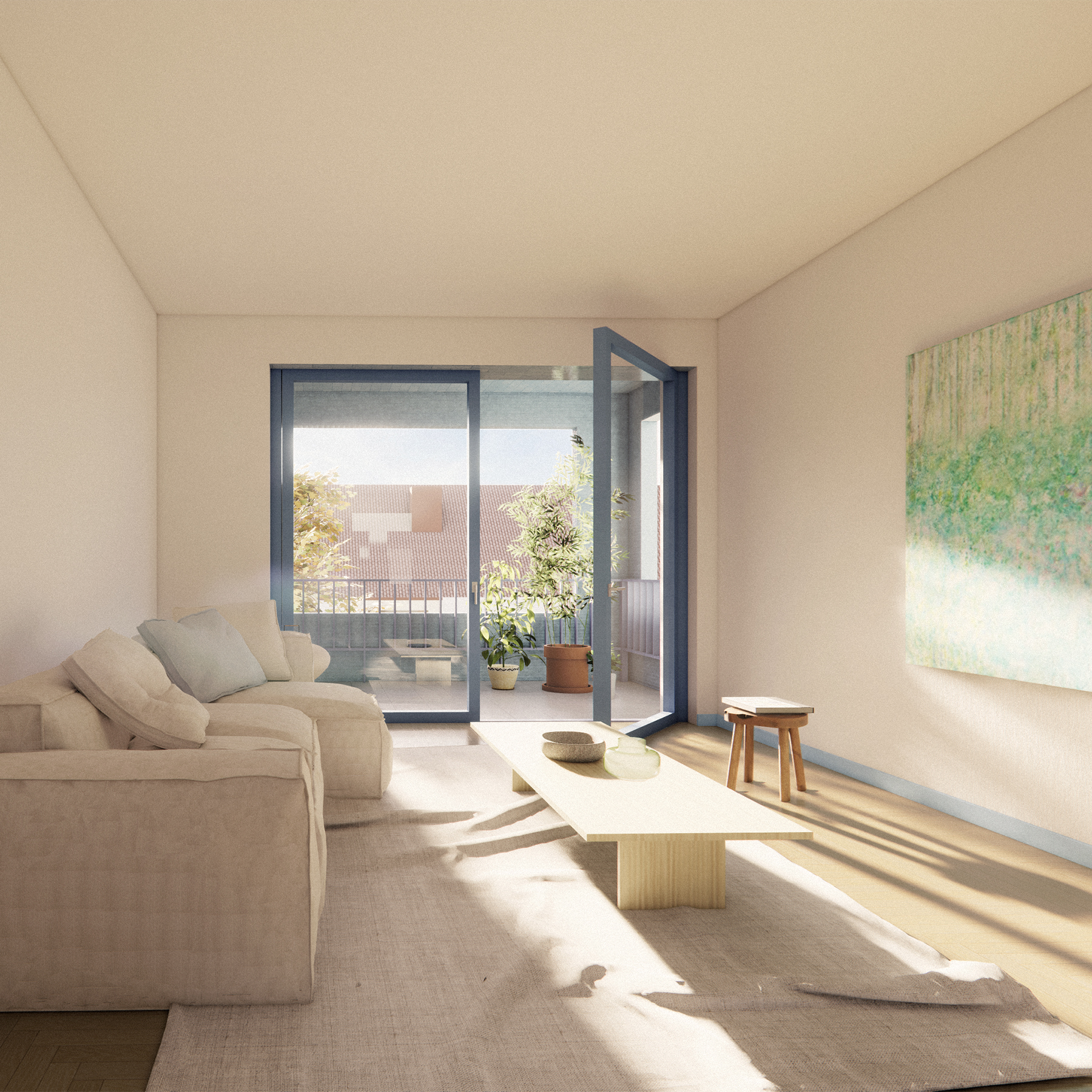 Innenraum einer Wohnung im Multi-Tainment-Center Haunstetten mit Blick auf den Balkon, lichtdurchflutet und moderner Wohnkomfort