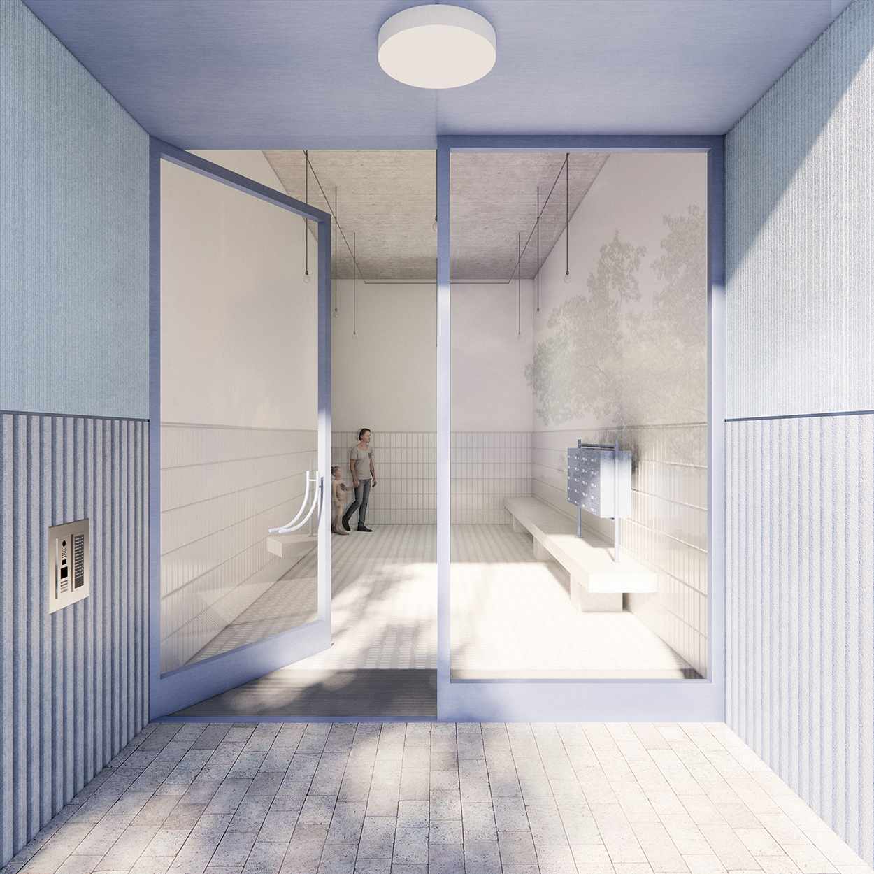 Detailansicht der Eingangsbereiche des Multi-Tainment-Centers Haunstetten: einladendes Entrée mit hoher Aufenthaltsqualität und moderner Architektur