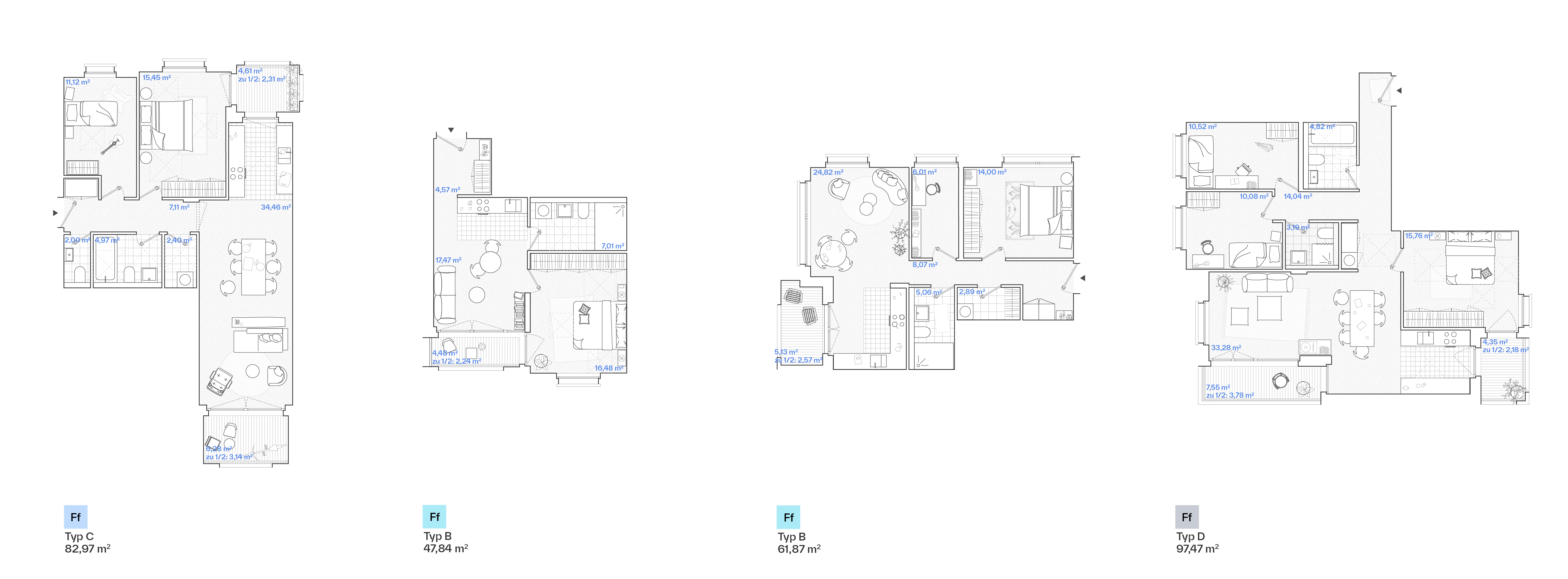 Detailgrundriss einer Wohnung im Multi-Tainment-Center Haunstetten mit Möblierung, Oberflächen und Innenraumgestaltung für hohen Wohnkomfort.