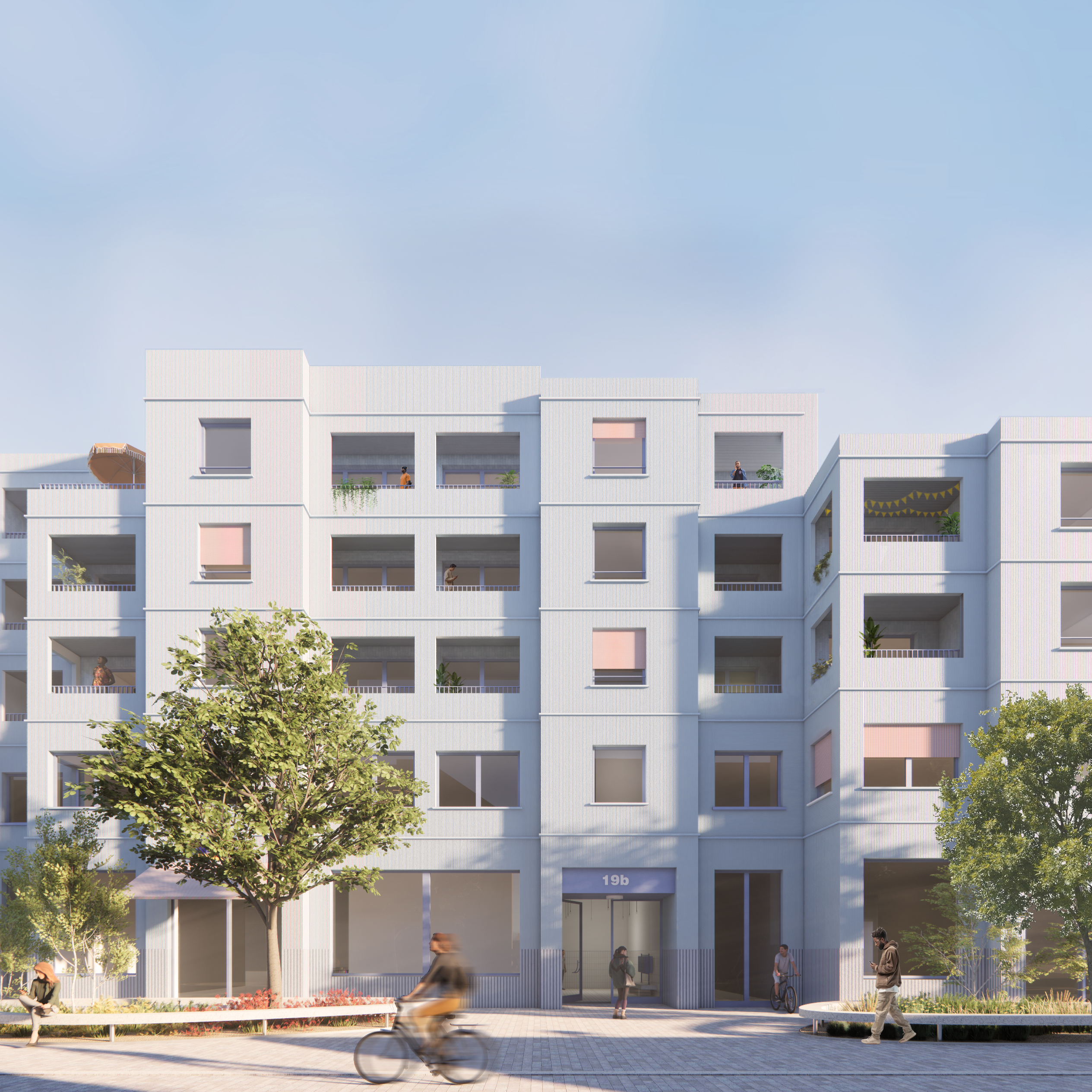 Detaildarstellung der Fassade des Multi-Tainment-Centers Haunstetten mit Eingangsbereichen, Begrünung, Freianlagen und urbaner Aufenthaltsqualität