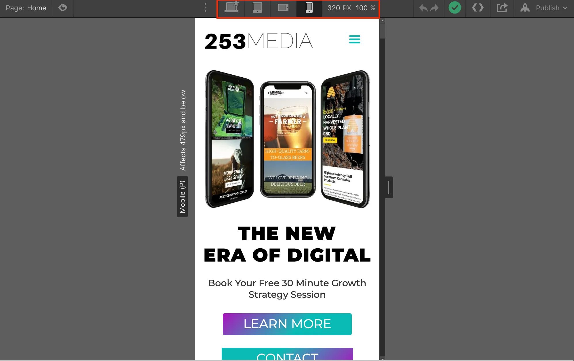 Screenshot of Webflow's designer, highlighting the different screen sizes for mobile and desktop