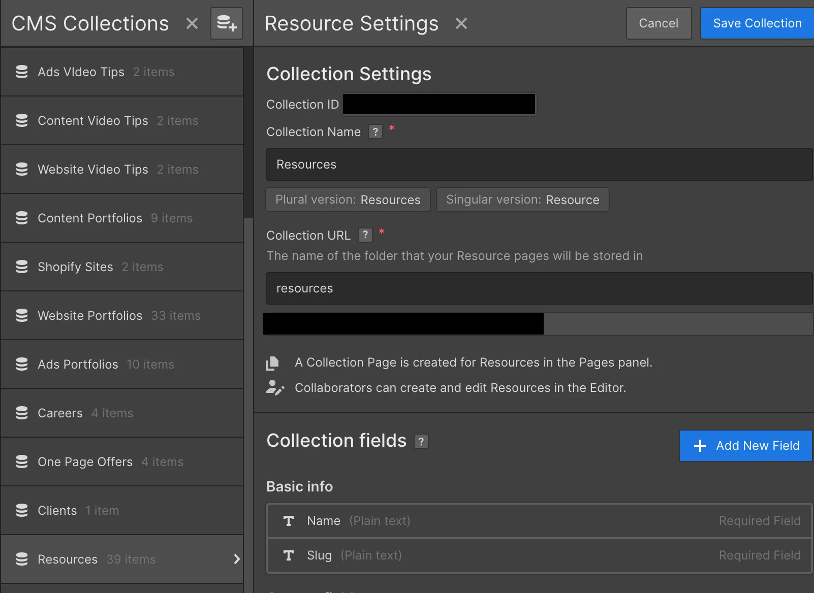 Screenshot showing Webflow's CMS collection builder