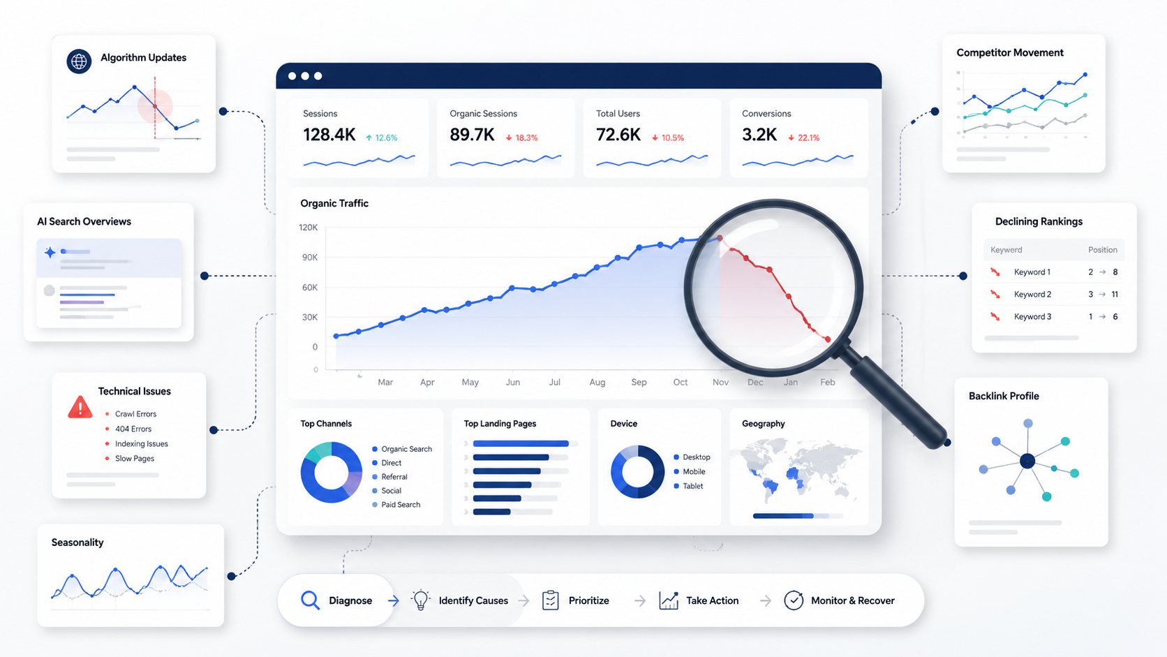 SEO traffic drop dashboard